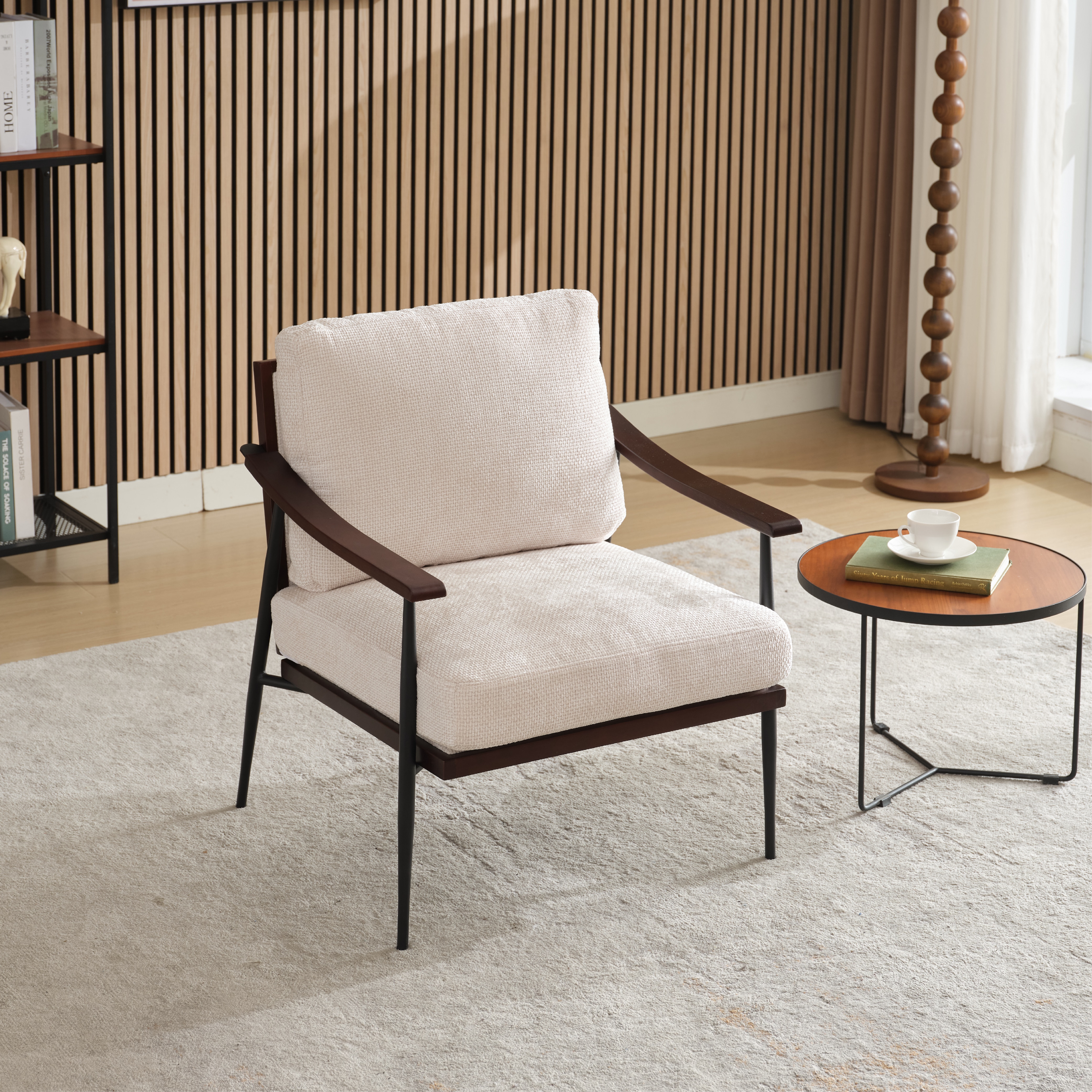 Modern Accent Chair, Mid Century Modern Accent Chairs, Linen Fabric Arm Chair With Wood Armrests, Upholstered Leisure Chair For Living Room, Bedroom, Reception Room, White_voghion.com